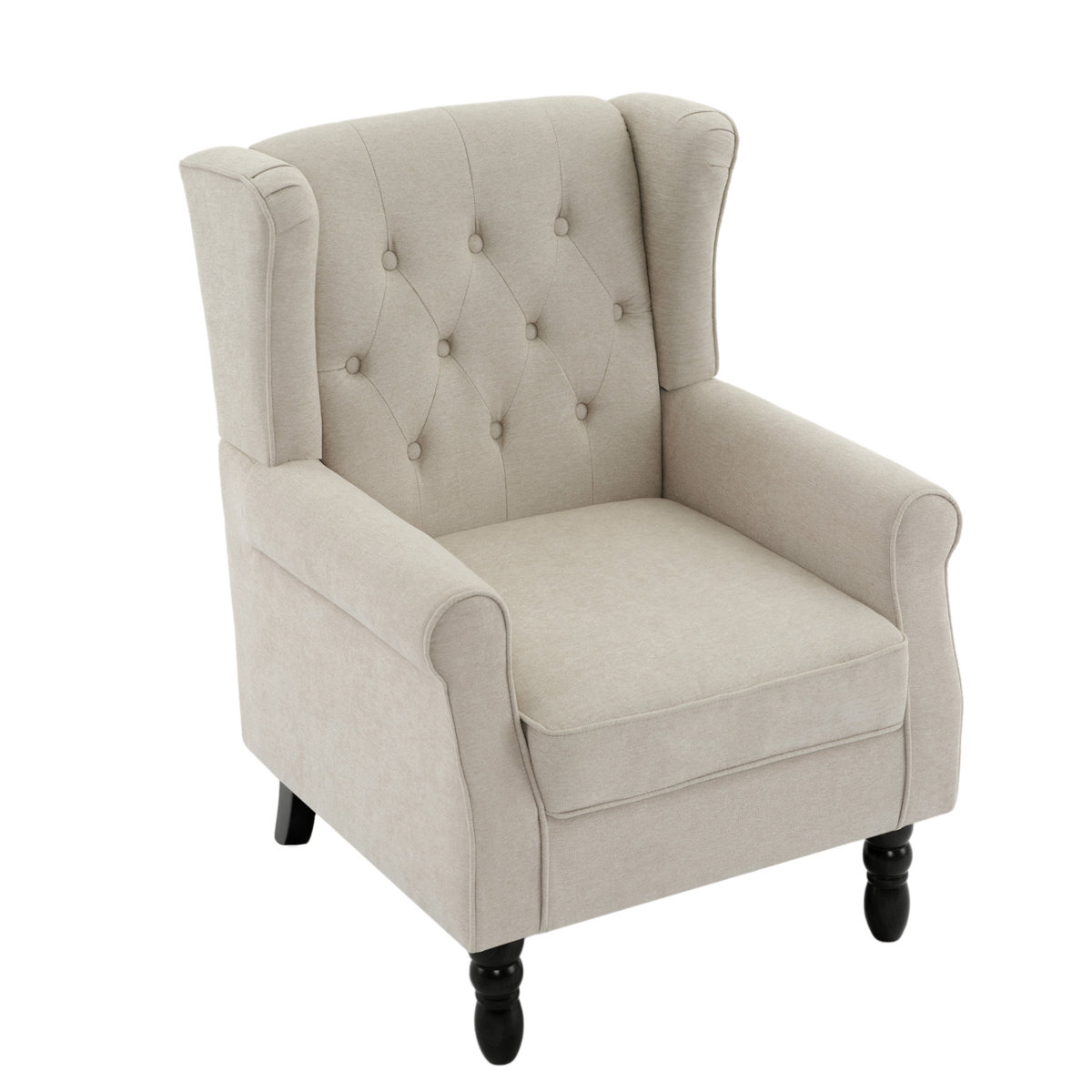 Duward Upholstered Beige Button Tufted Wingback Accent Chair with Rolled Arm and Thick Padded Cushion